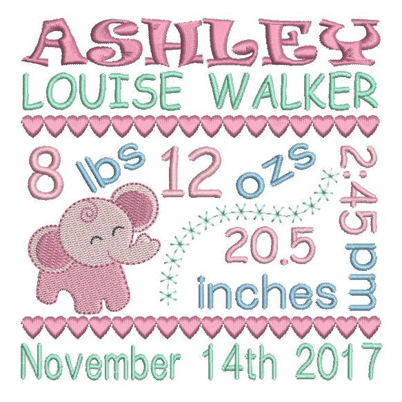 Baby girl birth announcement -custom embroidery design by rosiedayembroidery.com