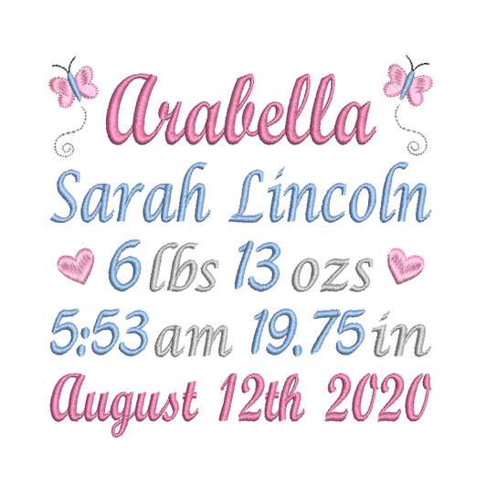 Baby Birth Announcement -Customised Machine Embroidery Design by rosiedayembroidery.com