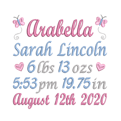 Baby birth announcement machine embroidery design by rosiedayembroidery.com