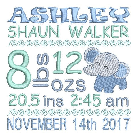 Baby boy birth announcement -custom embroidery design by rosiedayembroidery.com