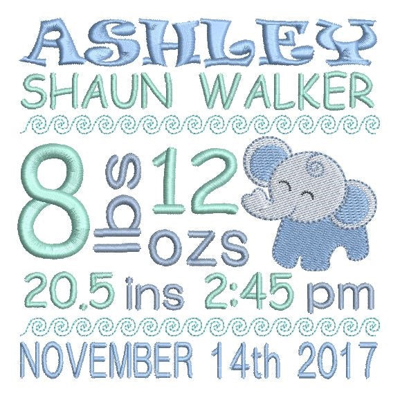 Baby boy birth announcement -custom embroidery design by rosiedayembroidery.com