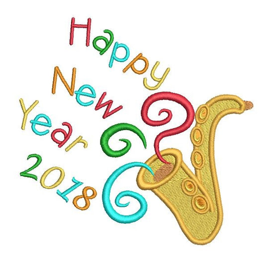 Happy New Year trumpet machine embroidery design by rosiedayembroidery.com