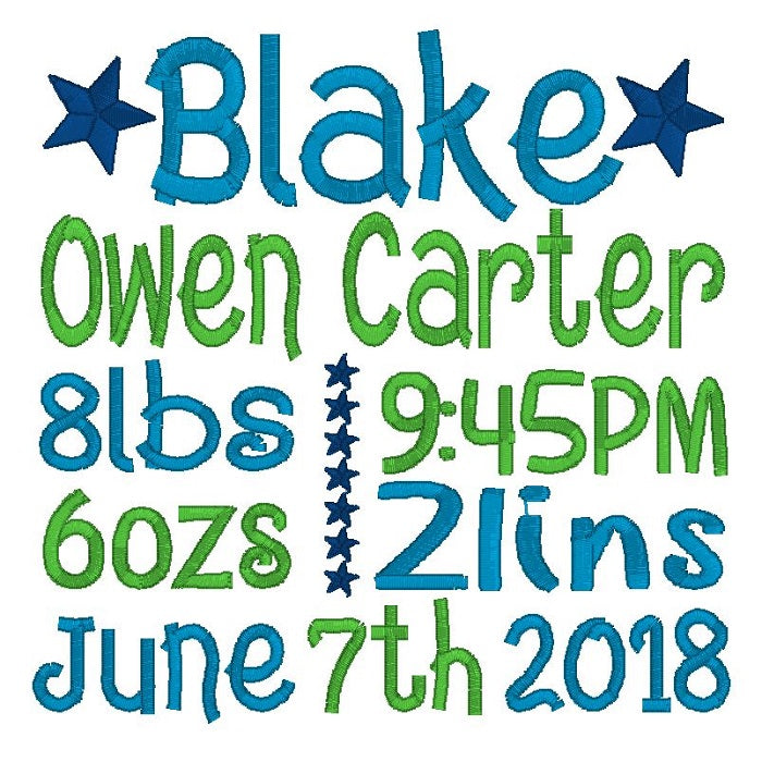 Baby birth announcement -custom embroidery design by rosiedayembroidery.com