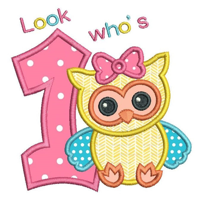 1st birthday number with a cute little owl applique machine embroidery design by rosiedayembroidery.com