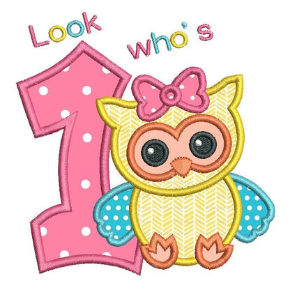 1st birthday number with a cute little owl applique machine embroidery design by rosiedayembroidery.com