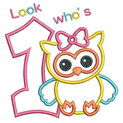 1st birthday number with a cute little owl applique machine embroidery design by rosiedayembroidery.com