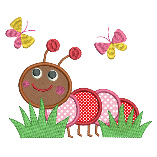 Cute caterpillar with butterflies applique design by rosiedayembroidery.com