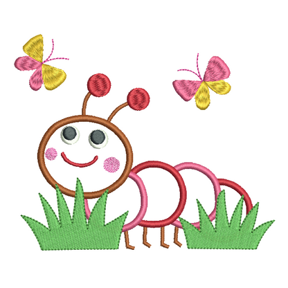 Cute caterpillar with butterflies applique design by rosiedayembroidery.com