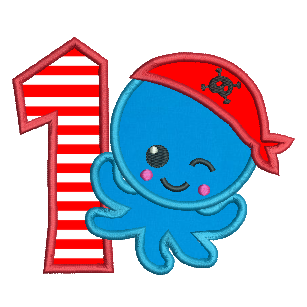 Pirate octopus 1st birthday applique machine embroidery design by rosiedayembroidery.com