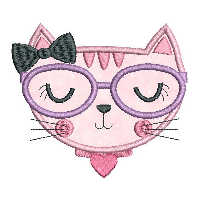 Pink cat applique machine embroidery design by rosiedayembroidery.com