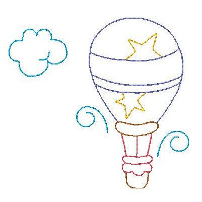 Hot air balloon multi-colored linework machine embroidery design by rosiedayembroidery.com