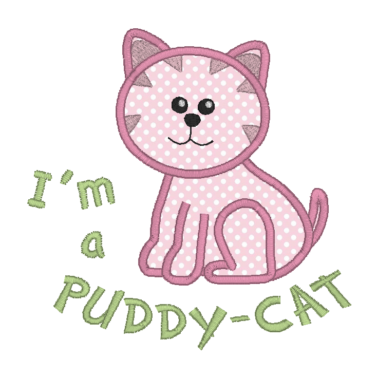Puddy Cat applique machine embroidery design by rosiedayembroidery.com