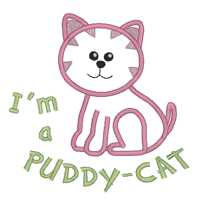 Puddy Cat applique machine embroidery design by rosiedayembroidery.com