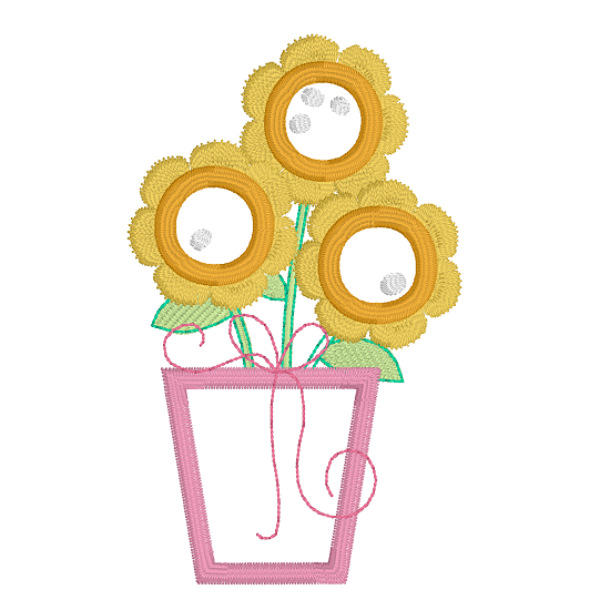 Potted sunflowers applique machine embroidery design by rosiedayembroidery.com