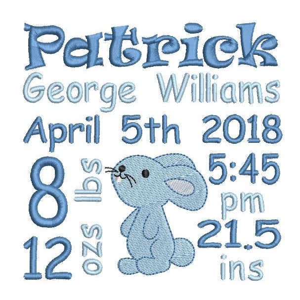 Baby boy birth announcement -custom embroidery design by rosiedayembroidery.com