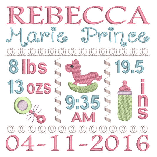 Baby Birth Announcement -Custom Embroidery Design by rosiedayembroidery.com