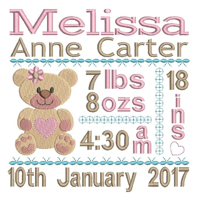 Baby Birth Announcement -Custom Embroidery Design by rosiedayembroidery.com