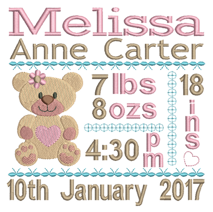 Baby Birth Announcement -Custom Embroidery Design by rosiedayembroidery.com