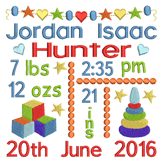 Baby Birth Announcement -Custom Embroidery Design by rosiedayembroidery.com