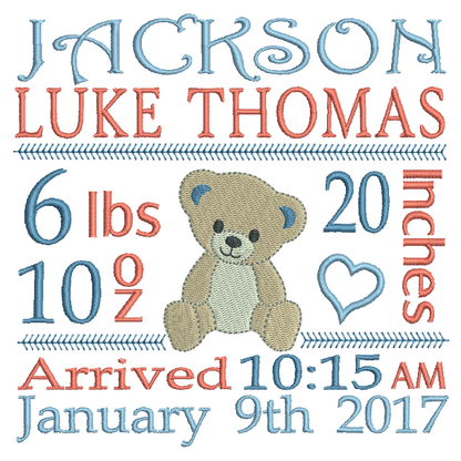 Baby Birth Announcement -Custom Embroidery Design by rosiedayembroidery.com