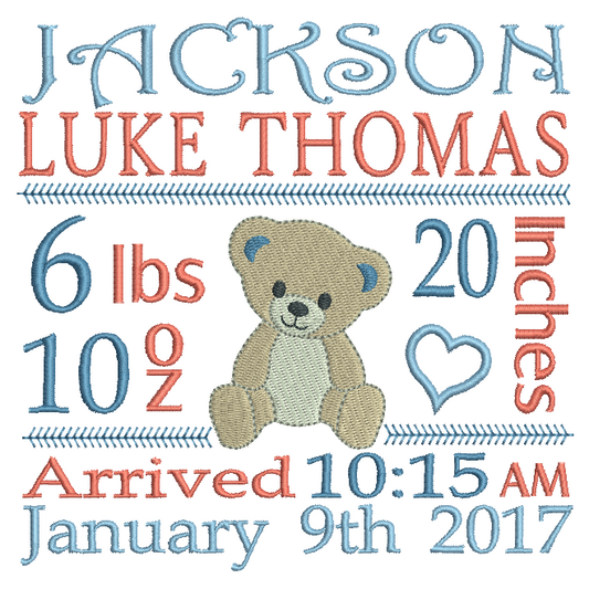 Baby Birth Announcement -Custom Embroidery Design by rosiedayembroidery.com