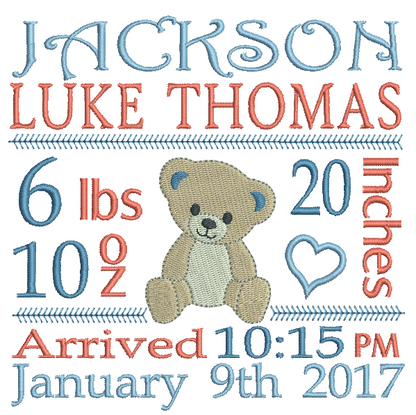 Baby Birth Announcement -Custom Embroidery Design by rosiedayembroidery.com