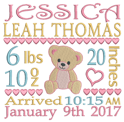 Baby Birth Announcement -Custom Embroidery Design by rosiedayembroidery.com