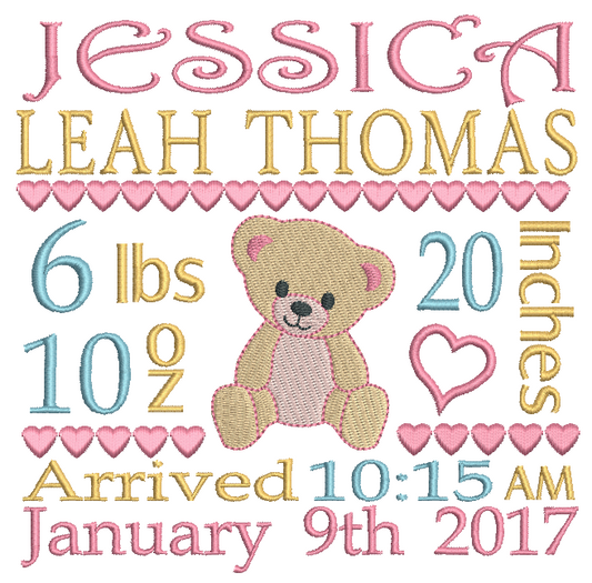 Baby Birth Announcement -Custom Embroidery Design by rosiedayembroidery.com