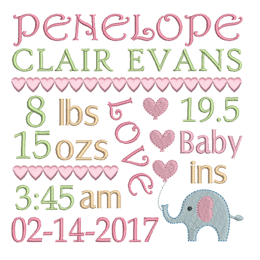 Baby Birth Announcement -Custom Embroidery Design by rosiedayembroidery.com