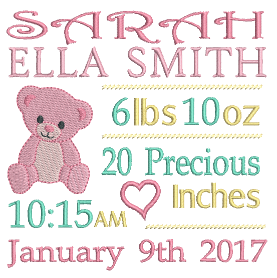 Baby Birth Announcement -Custom Embroidery Design by rosiedayembroidery.com