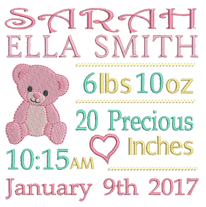 Baby Birth Announcement -Custom Embroidery Design by rosiedayembroidery.com