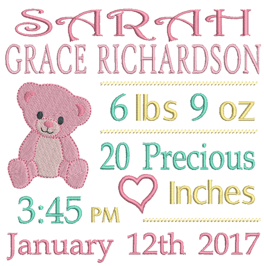 Baby Birth Announcement -Custom Embroidery Design by rosiedayembroidery.com