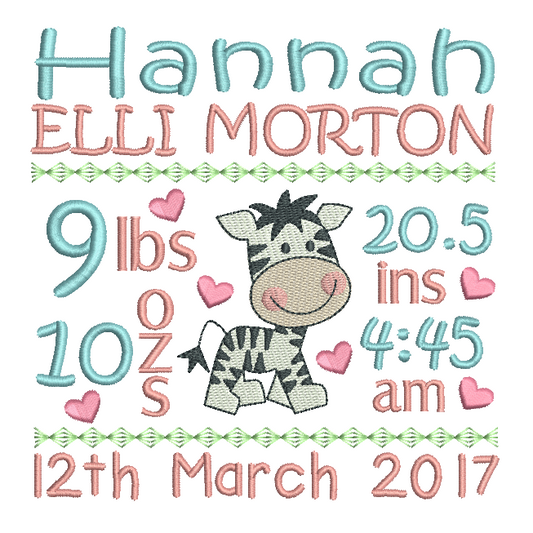 Baby Birth Announcement -Custom Embroidery Design by rosiedayembroidery.com