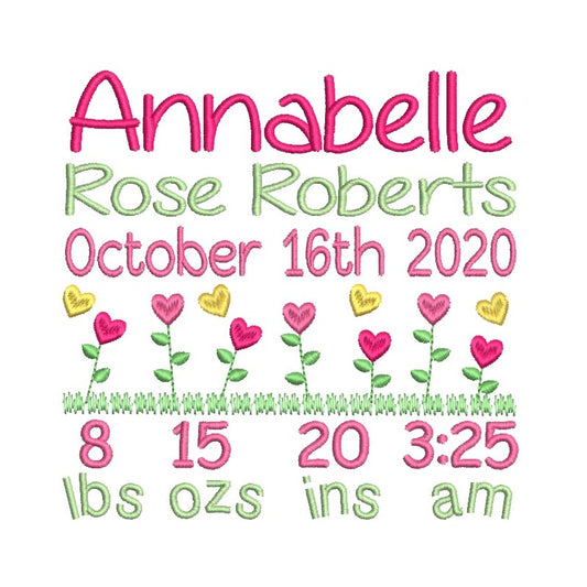 Baby Birth Announcement -Custom Embroidery Design by rosiedayembroidery.com