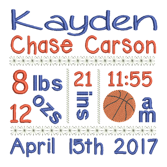 Baby Birth Announcement -Custom Embroidery Design by rosiedayembroidery.com