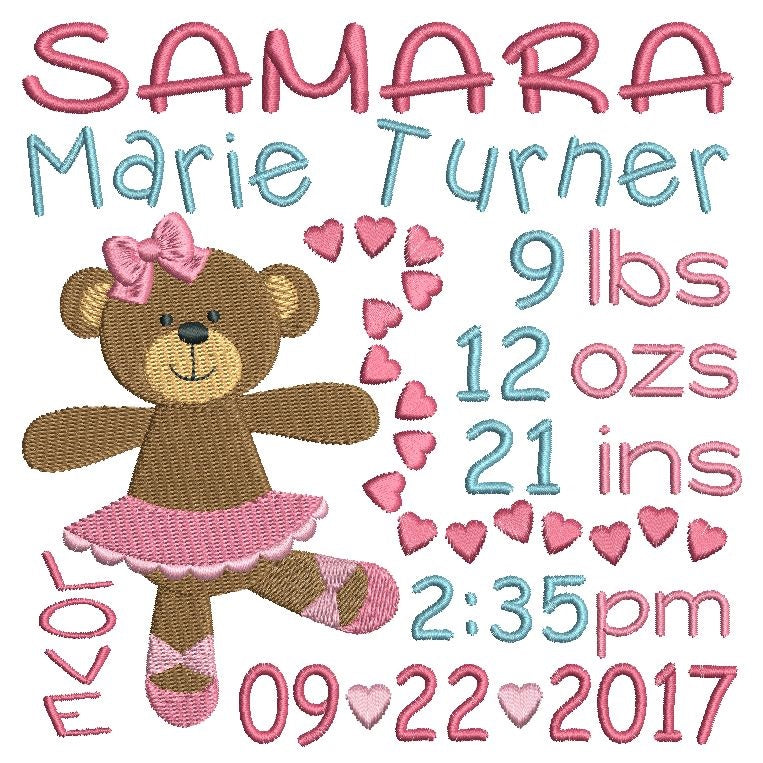 Baby boy birth announcement -custom embroidery design by rosiedayembroidery.com
