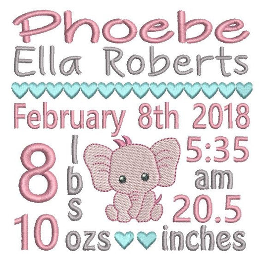 Baby girl birth announcement -custom embroidery design by rosiedayembroidery.com