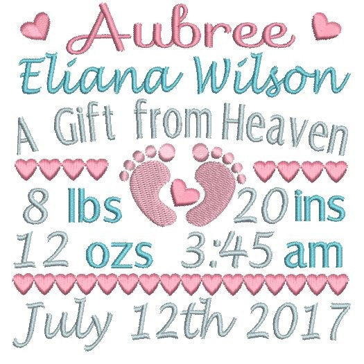 Baby Birth Announcement -Custom Embroidery Design by rosiedayembroidery.com