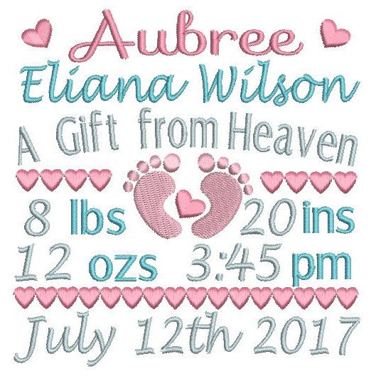 Baby Birth Announcement -Custom Embroidery Design by rosiedayembroidery.com