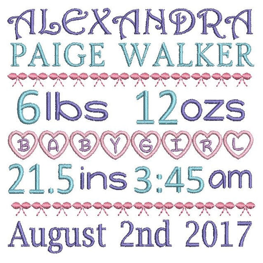 Baby birth announcement template machine embroidery design by rosiedayembroidery.com