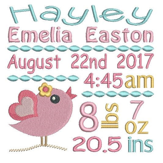 Baby Birth Announcement -Custom Embroidery Design by rosiedayembroidery.com