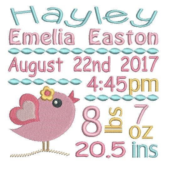 Baby Birth Announcement -Custom Embroidery Design by rosiedayembroidery.com