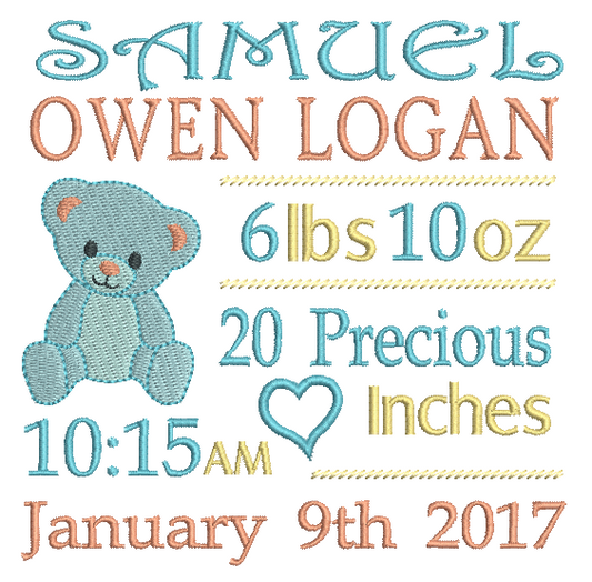 Baby Birth Announcement -Custom Embroidery Design by rosiedayembroidery.com