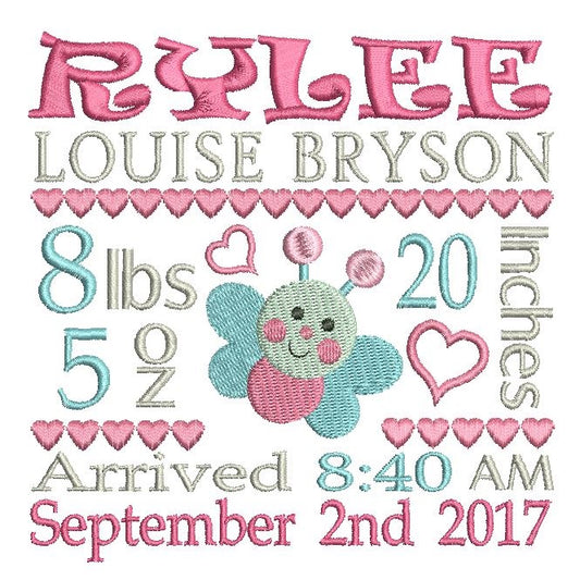 Baby girl birth announcement -custom embroidery design by rosiedayembroidery.com