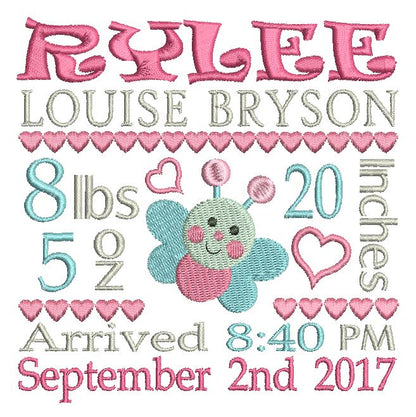 Baby girl birth announcement -custom embroidery design by rosiedayembroidery.com