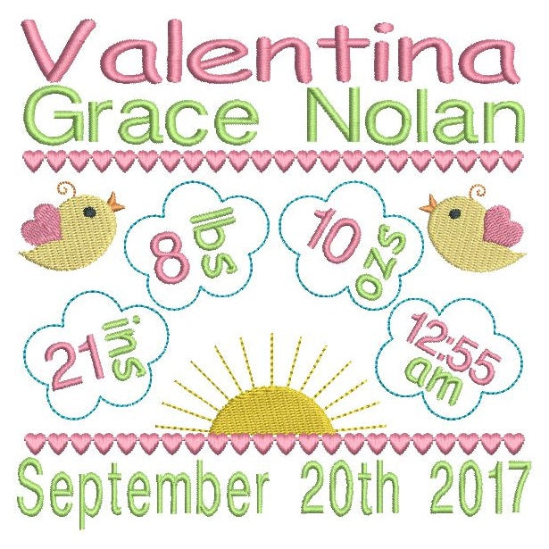 Baby girl birth announcement -custom embroidery design by rosiedayembroidery.com