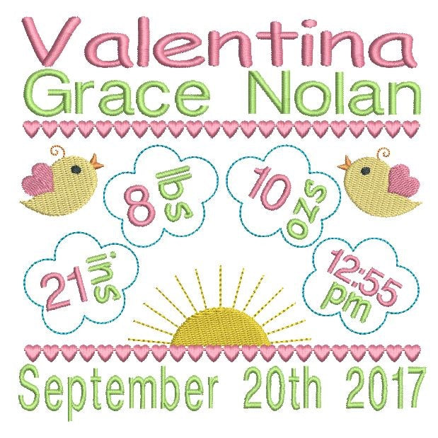 Baby girl birth announcement -custom embroidery design by rosiedayembroidery.com