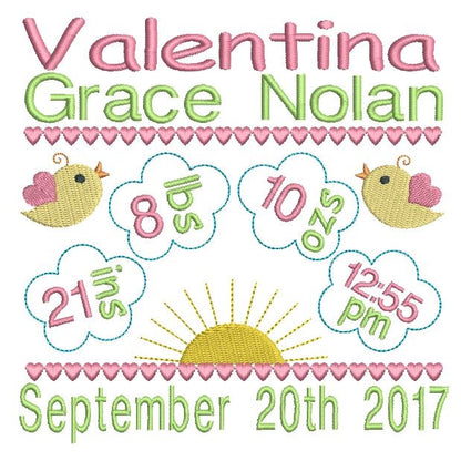 Baby girl birth announcement -custom embroidery design by rosiedayembroidery.com