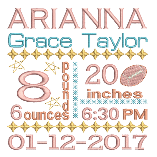 Baby Birth Announcement -Custom Embroidery Design by rosiedayembroidery.com