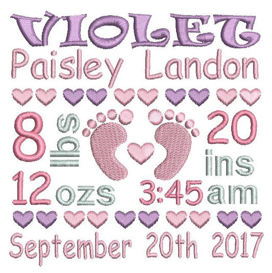 Baby girl birth announcement -custom embroidery design by rosiedayembroidery.com